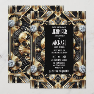 Convites de Casamento Preto e Dourado Art Deco com