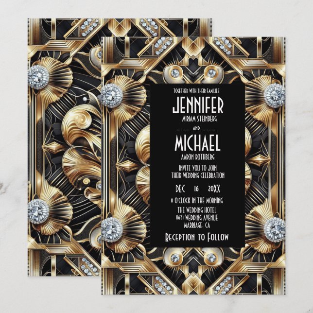 Convites de Casamento Preto e Dourado Art Deco com (Frente/Verso)