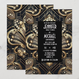 Convites de Casamento Preto e Dourado Art Deco com