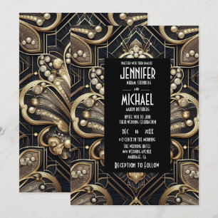 Convites de Casamento Preto e Dourado Art Deco com