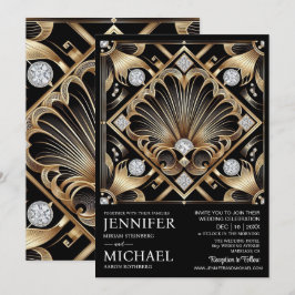 Convites de Casamento Preto e Dourado Art Deco com
