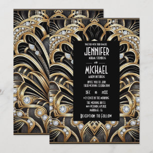 Convites de Casamento Preto e Dourado Art Deco com