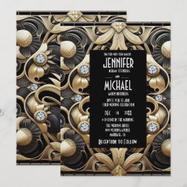 Convites de Casamento Preto e Dourado Art Deco com