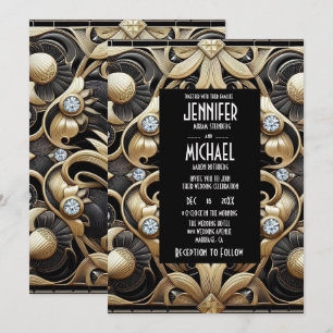Convites de Casamento Preto e Dourado Art Deco com