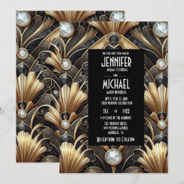 Convites de Casamento Preto e Dourado Art Deco com