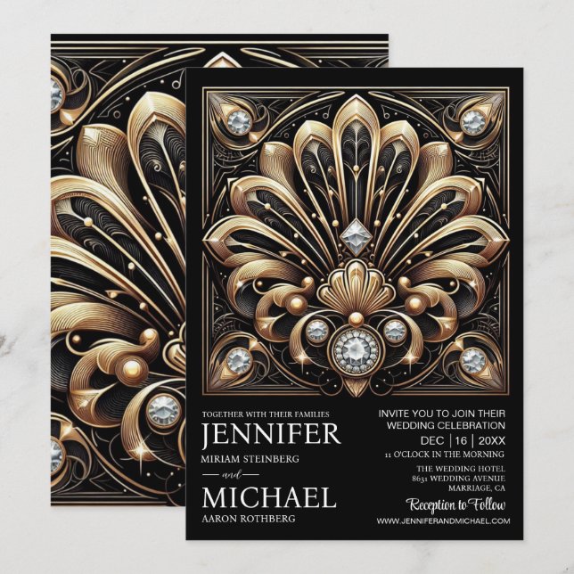 Convites de Casamento Preto e Dourado Art Deco com (Frente/Verso)
