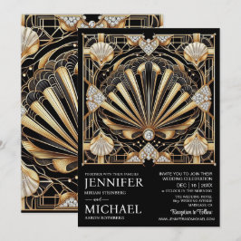 Convites de Casamento Preto e Dourado Art Deco com