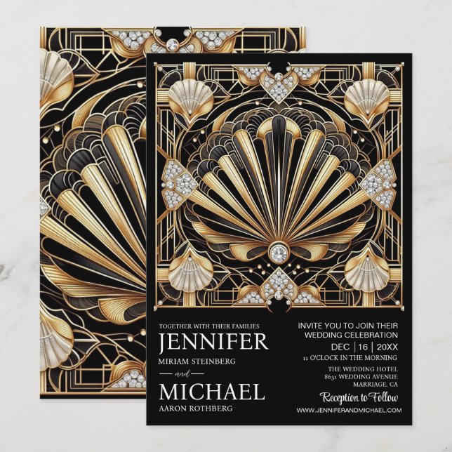 Convites de Casamento Preto e Dourado Art Deco com (Frente/Verso)