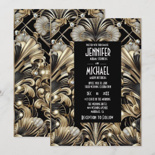 Convites de Casamento Preto e Dourado Art Deco com