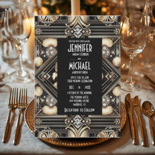 Convites de Casamento Preto e Dourado Art Deco com