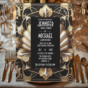 Convites de Casamento Preto e Dourado Art Deco com
