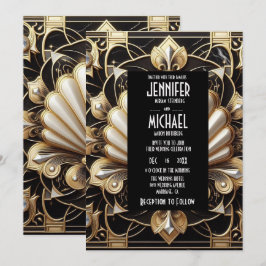 Convites de Casamento Preto e Dourado Art Deco com