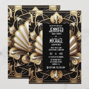 Convites de Casamento Preto e Dourado Art Deco com