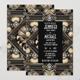 Convites de Casamento Preto e Dourado Art Deco com