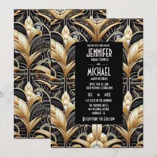 Convites de Casamento Preto e Dourado Art Deco com