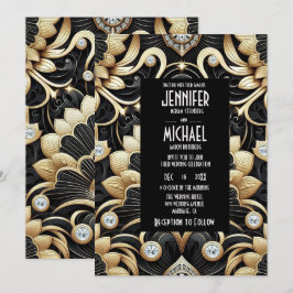 Convites de Casamento Preto e Dourado Art Deco com