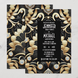 Convites de Casamento Preto e Dourado Art Deco com