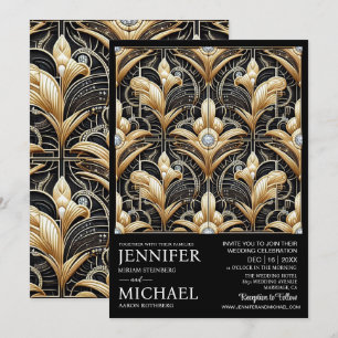 Convites de Casamento Preto e Dourado Art Deco com