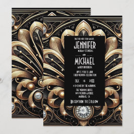 Convites de Casamento Preto e Dourado Art Deco com