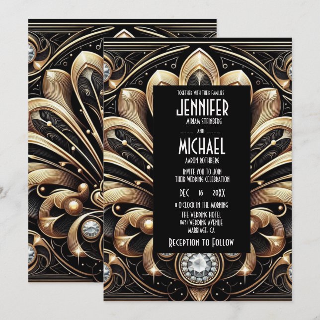Convites de Casamento Preto e Dourado Art Deco com (Frente/Verso)