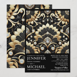 Convites de Casamento Preto e Dourado Art Deco com