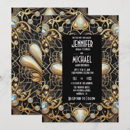 Convites de Casamento Preto e Dourado Art Deco com