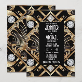 Convites de Casamento Preto e Dourado Art Deco com