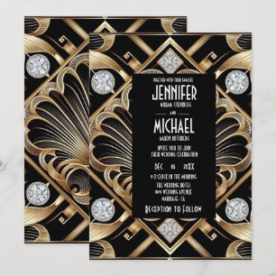 Convites de Casamento Preto e Dourado Art Deco com