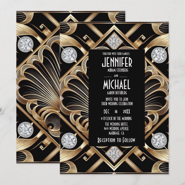 Convites de Casamento Preto e Dourado Art Deco com (Frente/Verso)