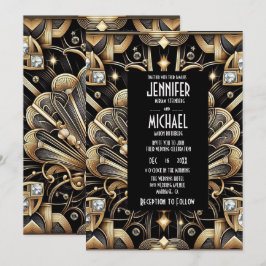 Convites de Casamento Preto e Dourado Art Deco com