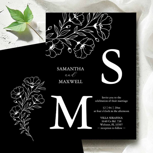 Convites de Casamento Pretos (Flat lay of black and white wedding invitations to buy with line art by Victoria of Do Tell A Belle)
