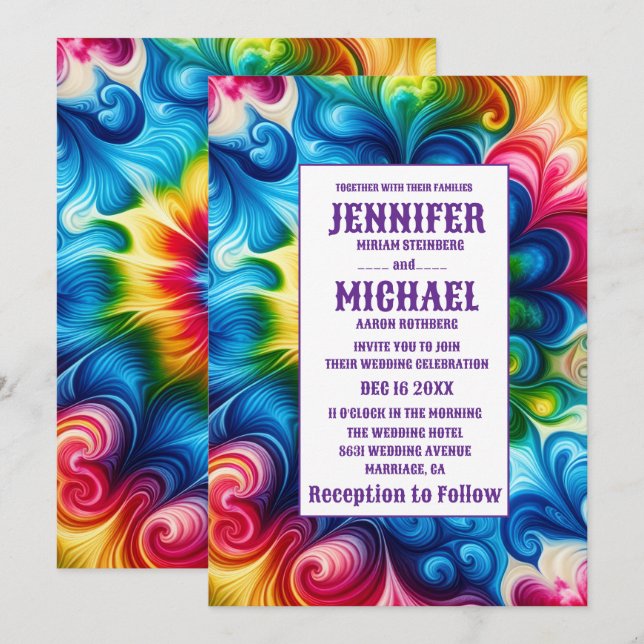 Convites de Casamento Psicanédicos Tie Dye (Frente/Verso)