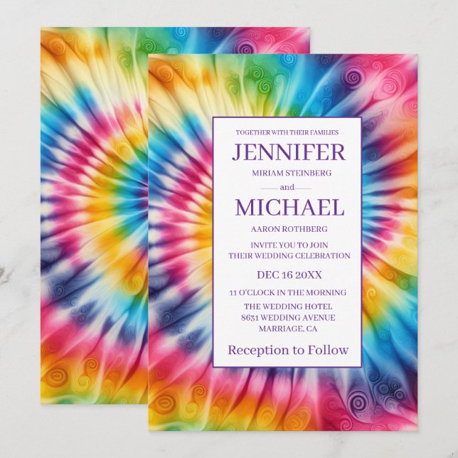 Convites de Casamento Psicanodélicos Tie Dye (Frente/Verso)