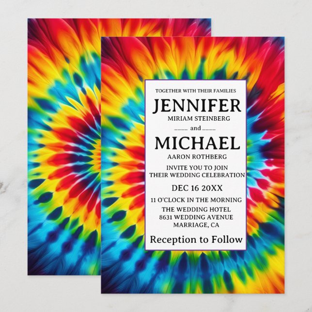 Convites de Casamento Psicanodélicos Tie Dye (Frente/Verso)