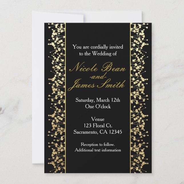 Convites de Casamento Respiro de Bebê Preto e Dour (Frente)