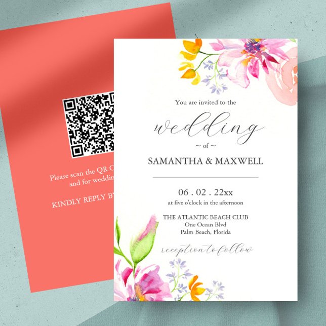 Convites de Casamento Rosa e Laranja com código QR (pink and orange wedding invitations unique watercolor floral art by Victoria Grigaliunas)