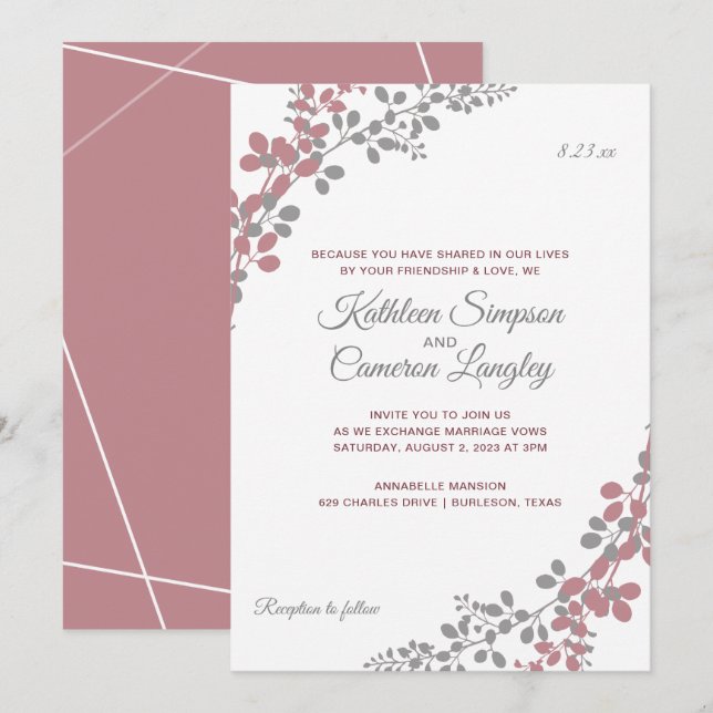 Convites de Casamento Rosa Empoeirado Respiro de B (Frente/Verso)