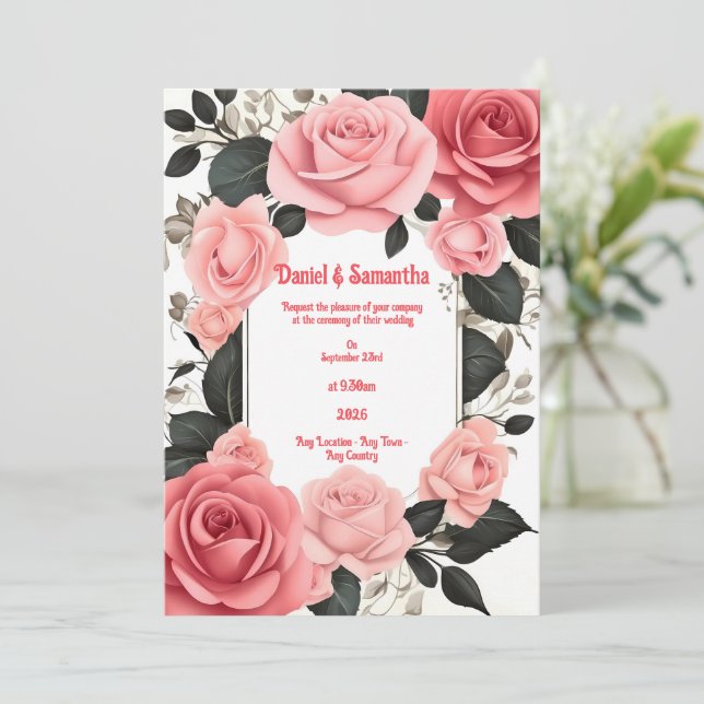 Convites de Casamento Rosa Romântica (Em pé/Frente)