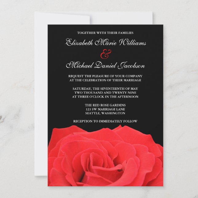 Convites de Casamento Rosa Vermelha e Preto (Frente)