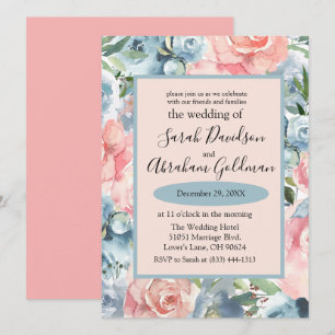 Convites de Casamento - Rosas Florais Azuis Empoei