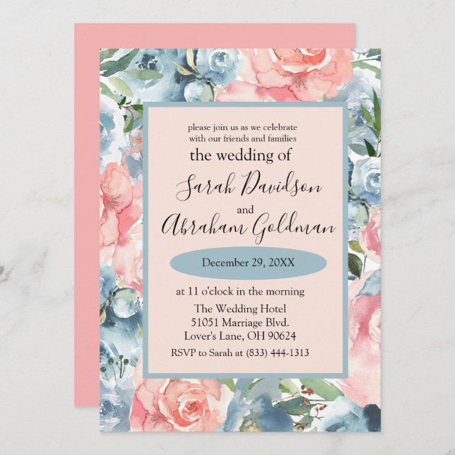 Convites de Casamento - Rosas Florais Azuis Empoei (Frente/Verso)