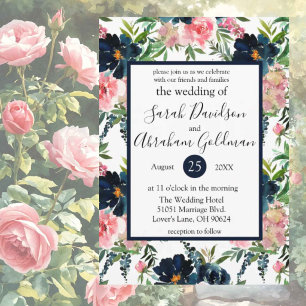 Convites de Casamento Rosas Flores Azul Marinho &