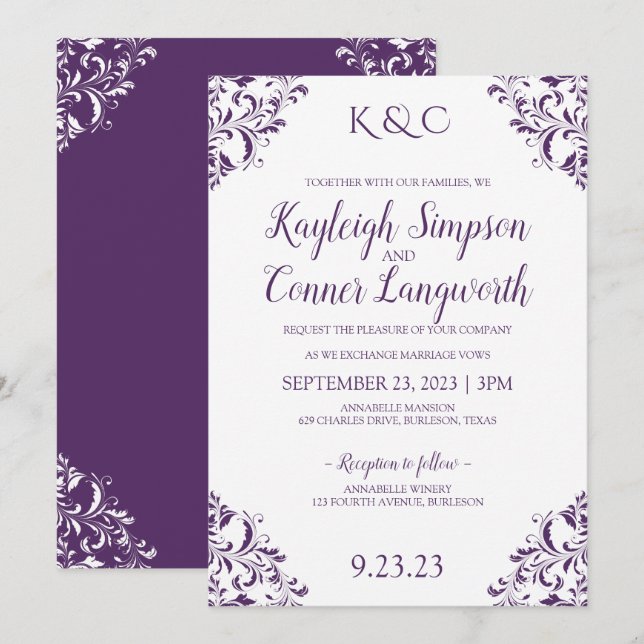 Convites de Casamento Roxo (Ameixa) Elegantes e Vi (Frente/Verso)