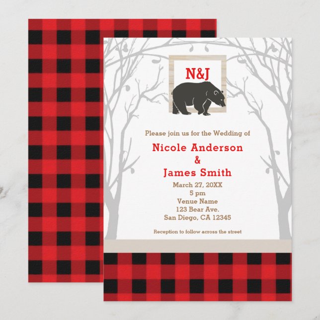 Convites de Casamento Rustic Bear & Red Plaid Wood (Frente/Verso)