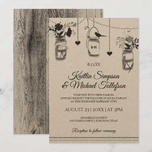 Convites de Casamento Rustic Mason Jar Wood Kraft
