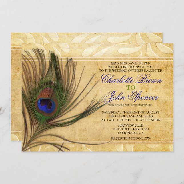 Convites de casamento Rustic Peacock Feather (Frente/Verso)