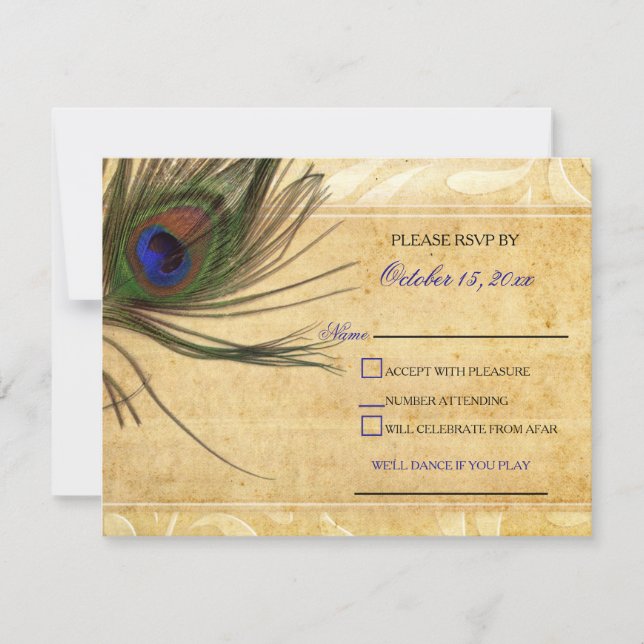 Convites de casamento Rustic Peacock Feather rsvp (Frente)