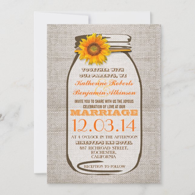 Convites de casamento Rústicos Burlap Mason Jar Su (Frente)