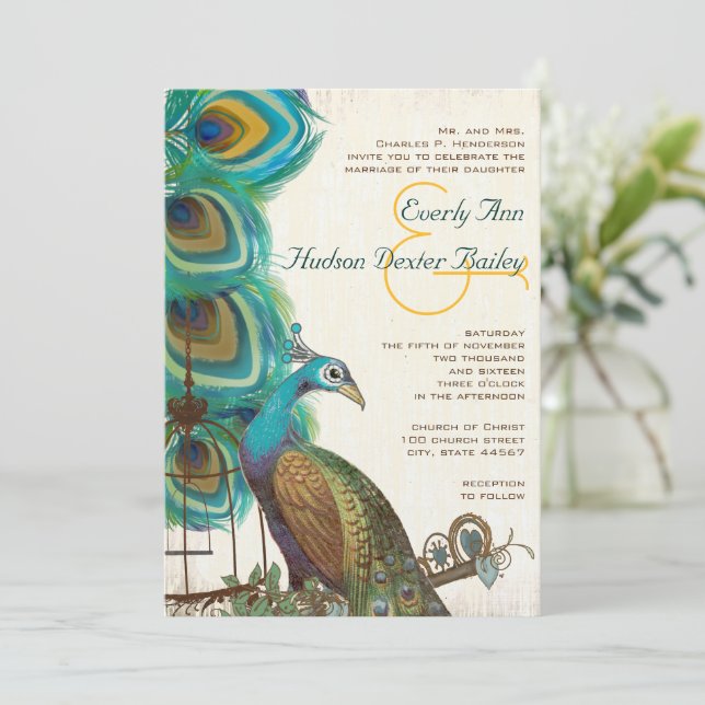 Convites de Casamento Rústicos com Gaiola de Pavão (Em pé/Frente)