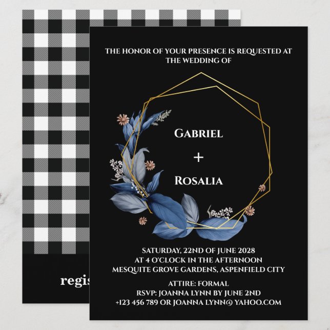 Convites de Casamento Rústicos Preto e Azul Empoei (Frente/Verso)